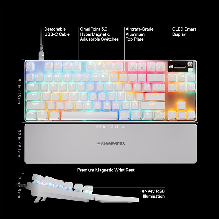 خرید کیبورد SteelSeries Apex Pro TKL نسل سه - سوییچ HyperMagnetic OmniPoint 3.0 - سفید